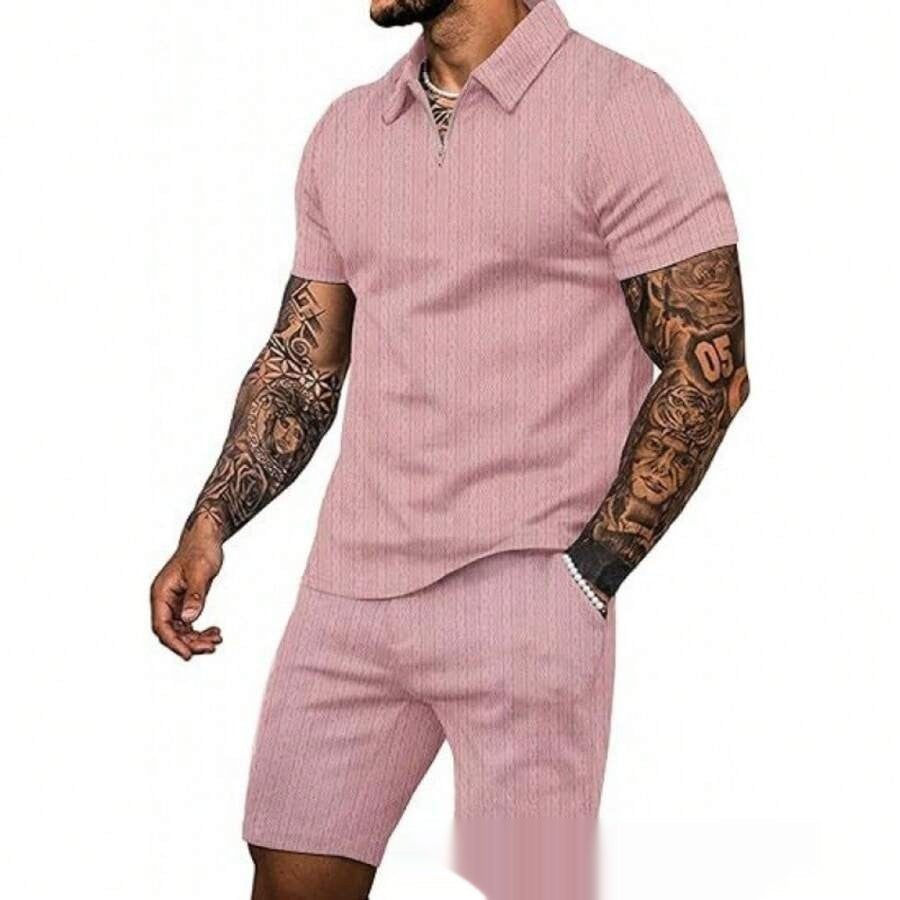 StripeZip — Men's Slim Fit Mesh Short Sleeve & Shorts Set