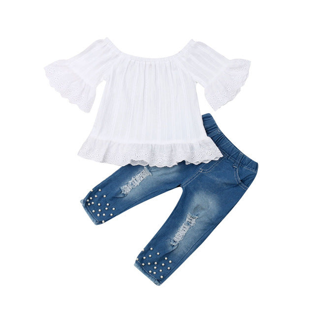 Girls' Lace Off-Shoulder Top & Pearl Jeans Set