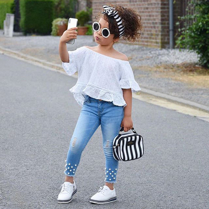 Girls' Lace Off-Shoulder Top & Pearl Jeans Set