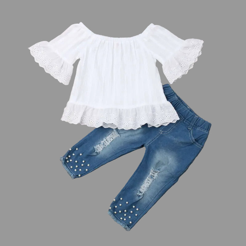 Girls' Lace Off-Shoulder Top & Pearl Jeans Set