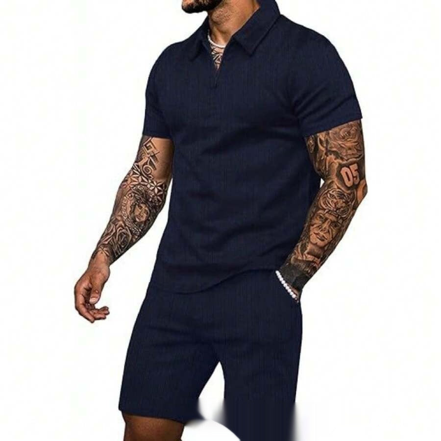 StripeZip — Men's Slim Fit Mesh Short Sleeve & Shorts Set