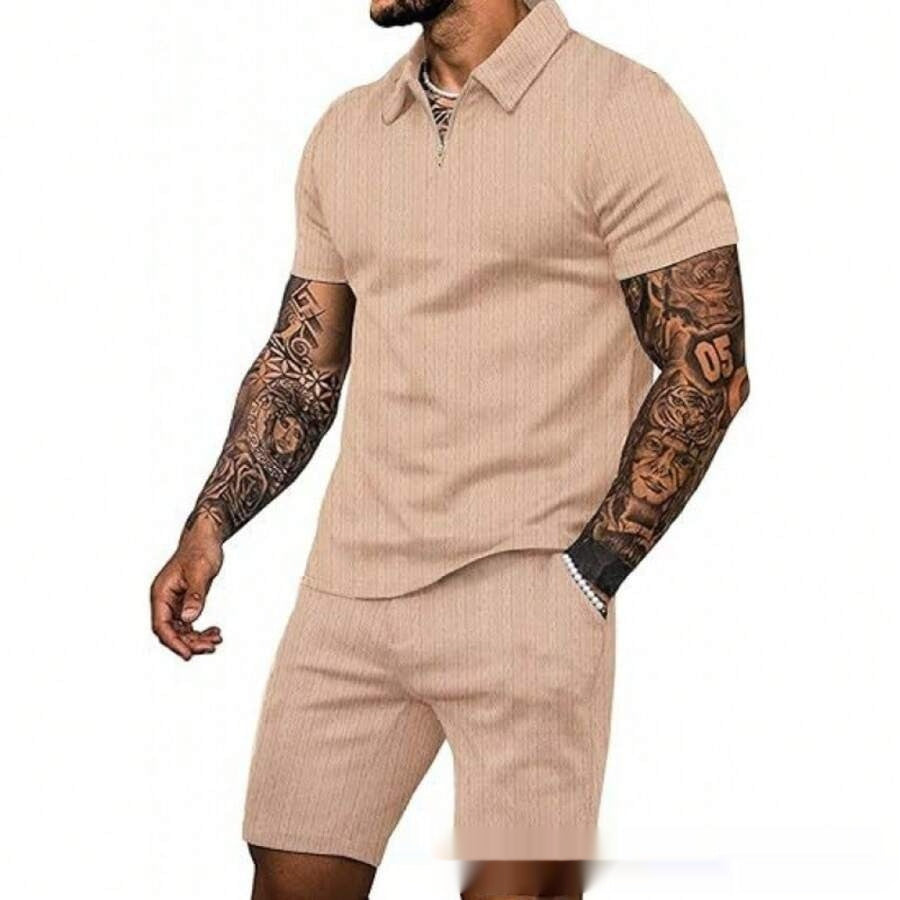 StripeZip — Men's Slim Fit Mesh Short Sleeve & Shorts Set