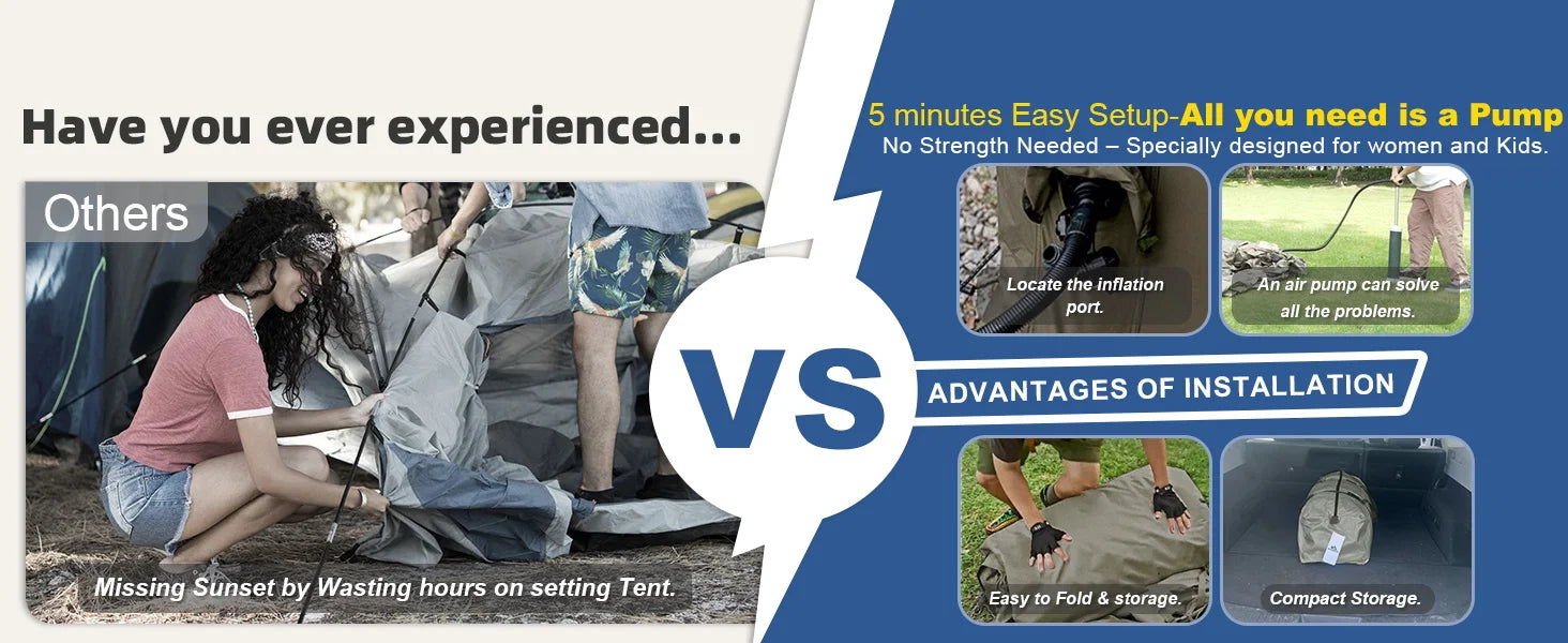 Large Inflatable Camping Tent with Chimney Stack | 129 sq ft | Waterproof & Windproof