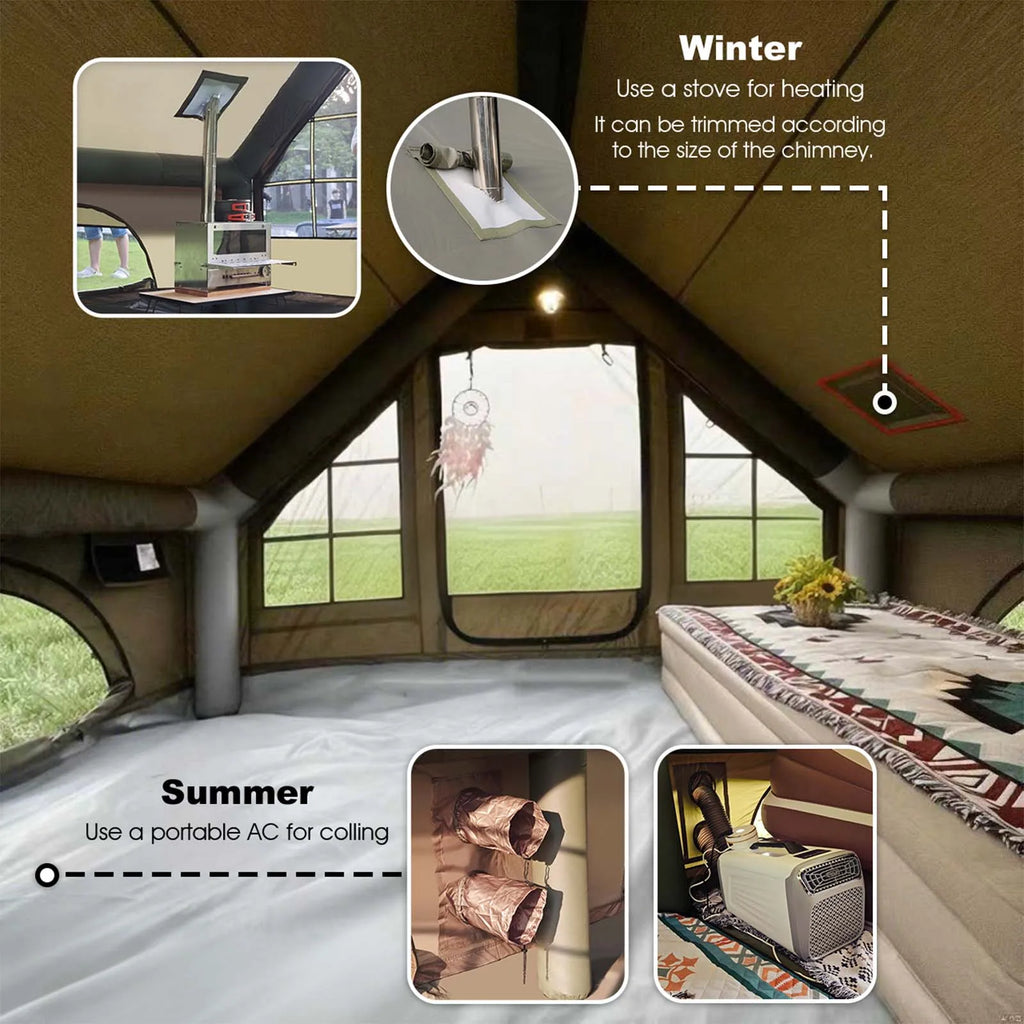 Large Inflatable Camping Tent with Chimney Stack | 129 sq ft | Waterproof & Windproof