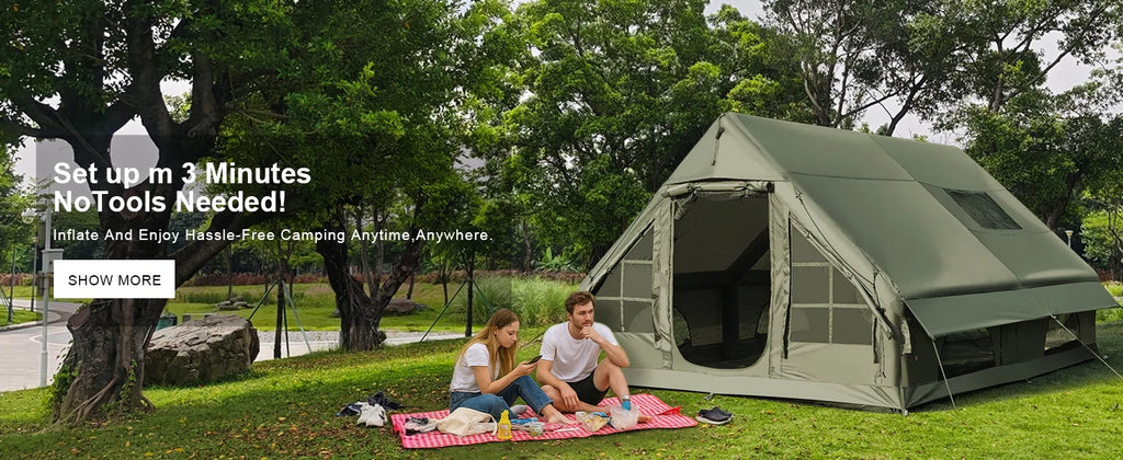 Large Inflatable Camping Tent with Chimney Stack | 129 sq ft | Waterproof & Windproof