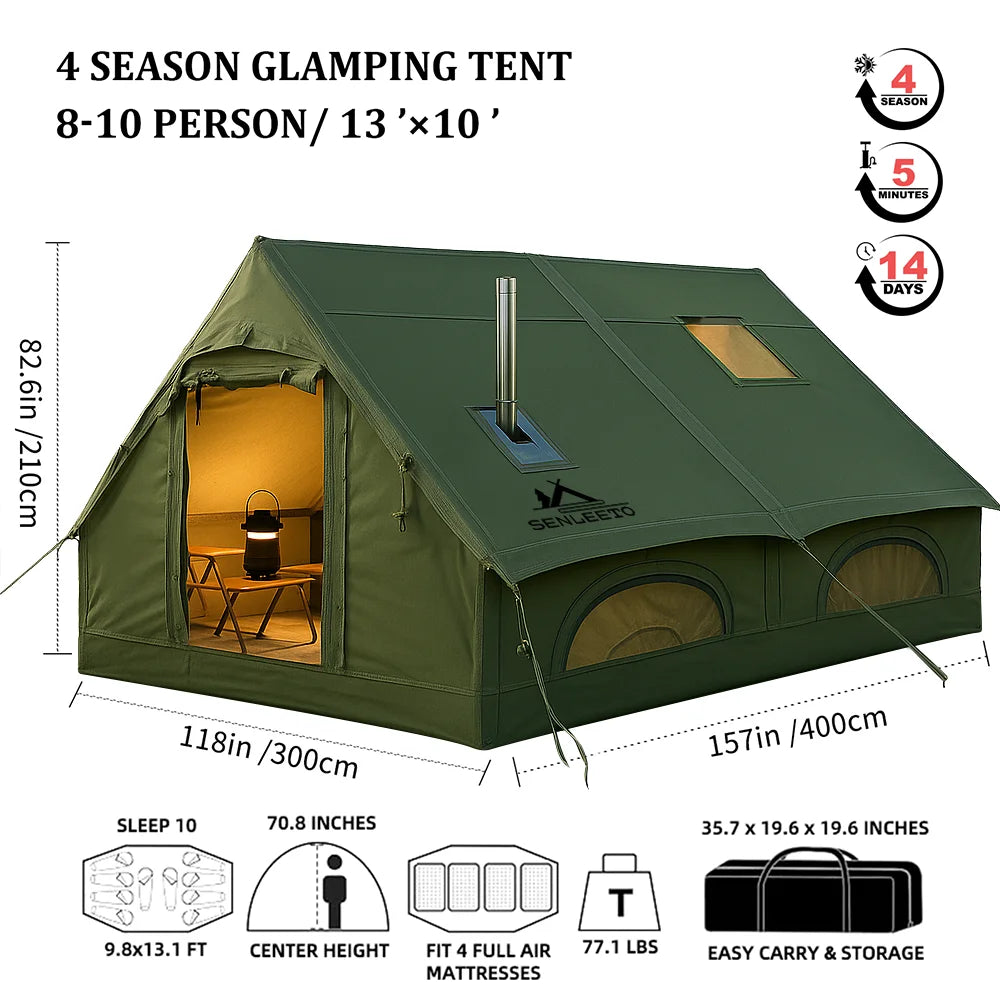 Large Inflatable Camping Tent with Chimney Stack | 129 sq ft | Waterproof & Windproof