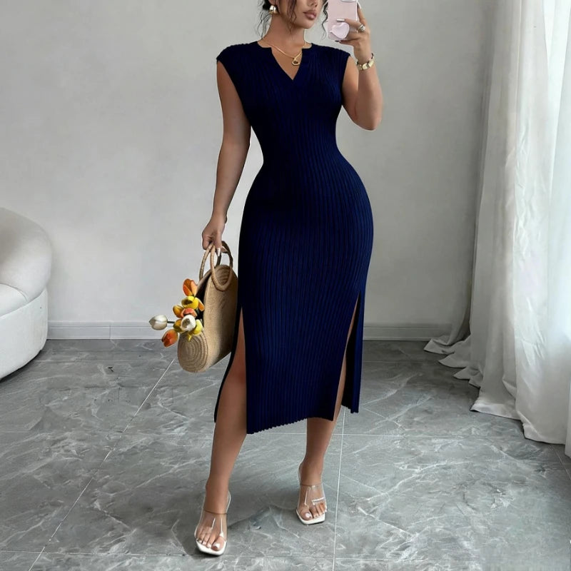 Knit Bodycon Maxi Dress | V-Neck Side Slit