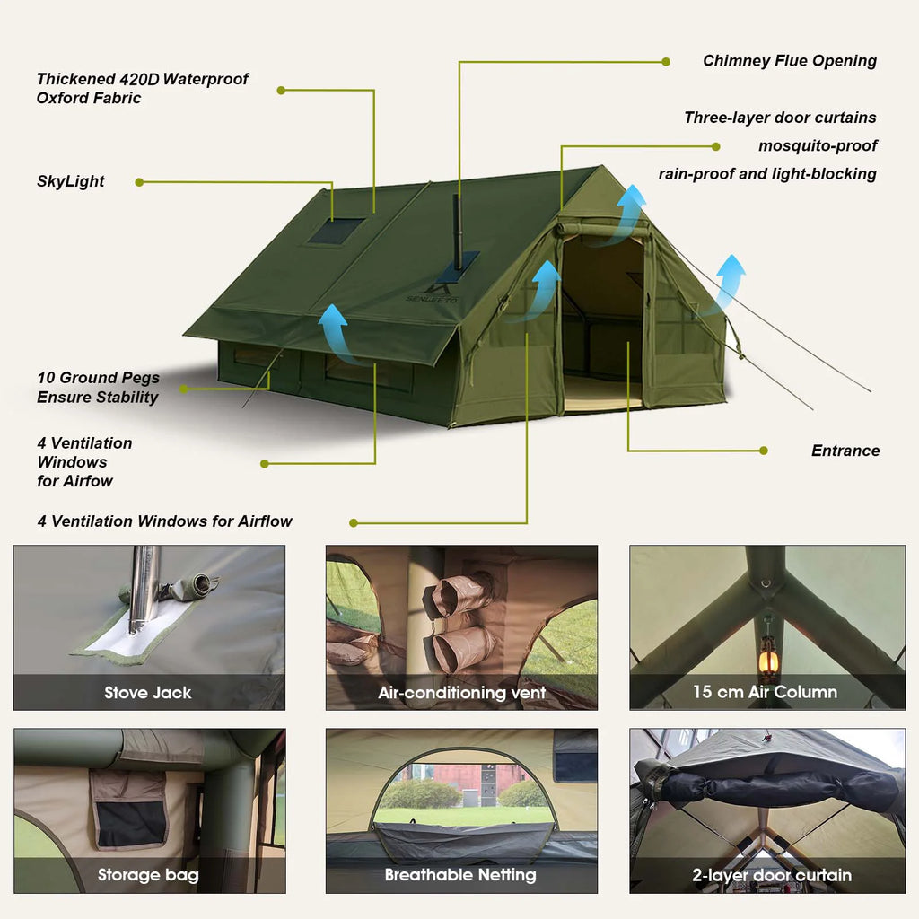 Large Inflatable Camping Tent with Chimney Stack | 129 sq ft | Waterproof & Windproof