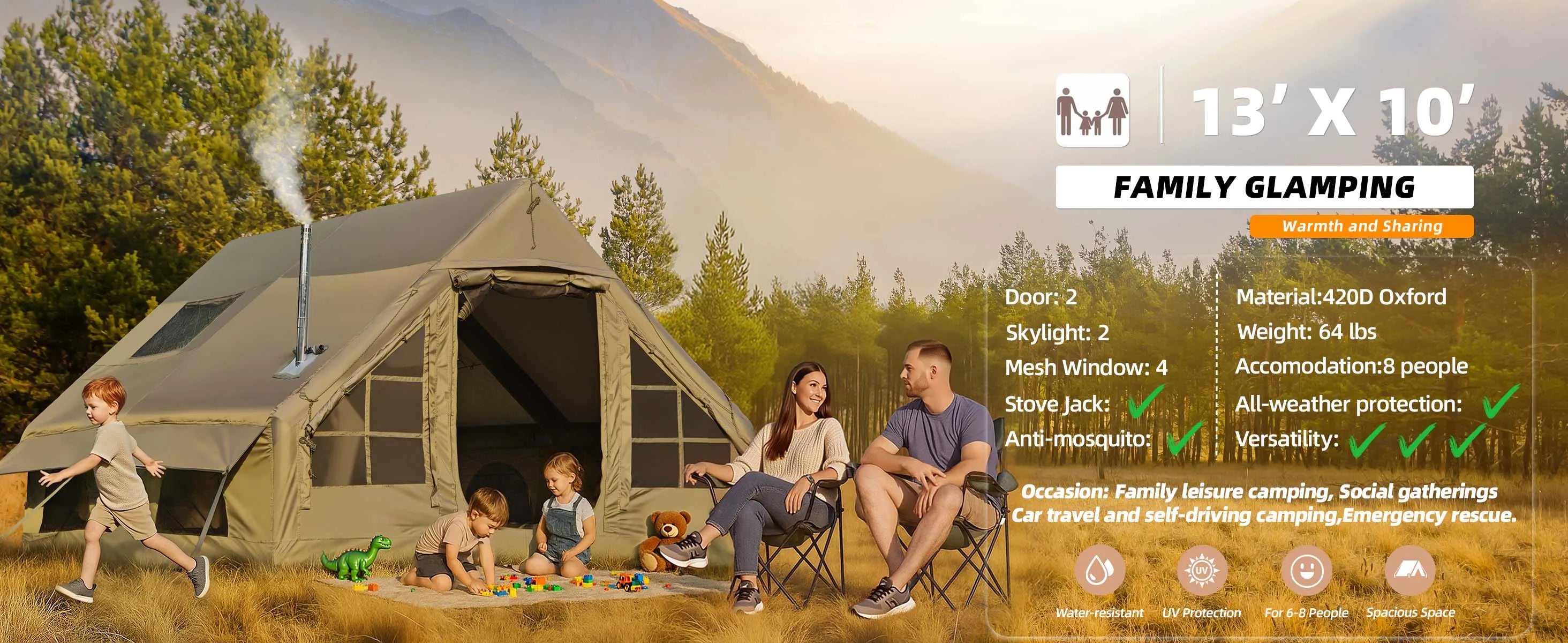 Large Inflatable Camping Tent with Chimney Stack | 129 sq ft | Waterproof & Windproof