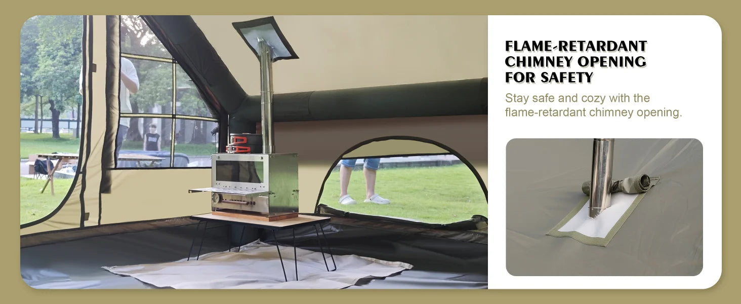 Large Inflatable Camping Tent with Chimney Stack | 129 sq ft | Waterproof & Windproof