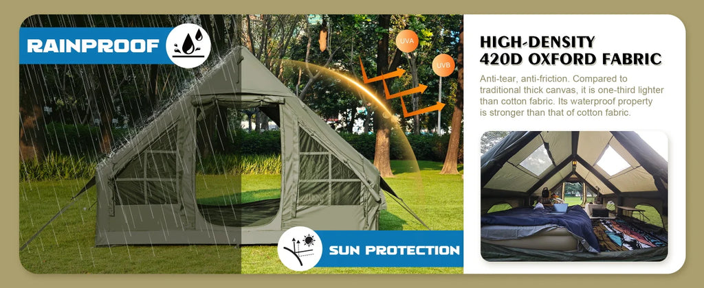 Large Inflatable Camping Tent with Chimney Stack | 129 sq ft | Waterproof & Windproof
