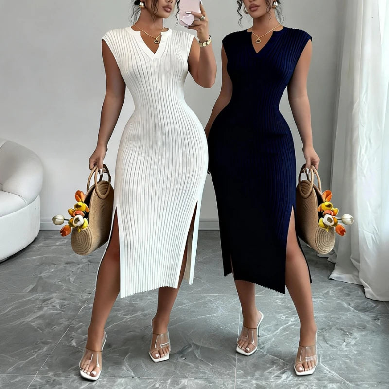 Knit Bodycon Maxi Dress | V-Neck Side Slit