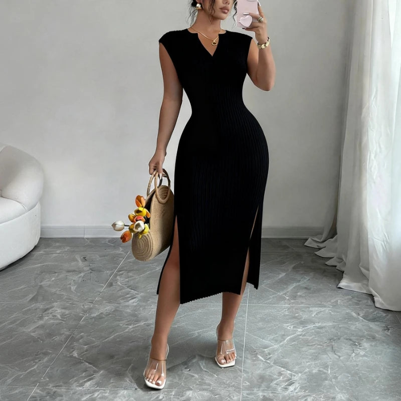 Knit Bodycon Maxi Dress | V-Neck Side Slit