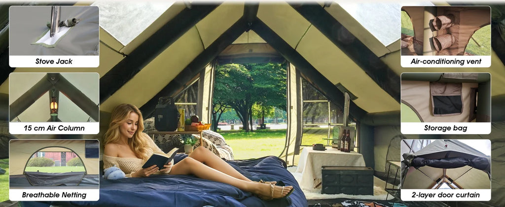 Large Inflatable Camping Tent with Chimney Stack | 129 sq ft | Waterproof & Windproof