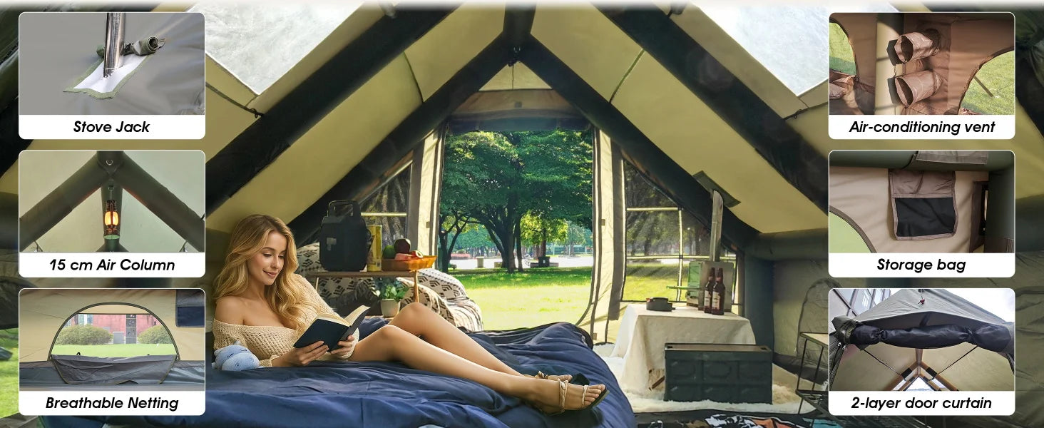Large Inflatable Camping Tent with Chimney Stack | 129 sq ft | Waterproof & Windproof