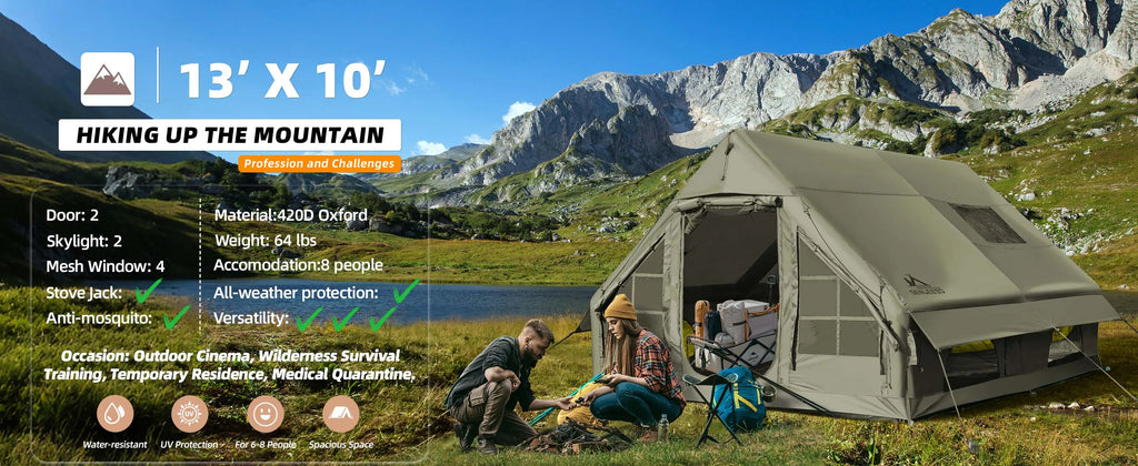Large Inflatable Camping Tent with Chimney Stack | 129 sq ft | Waterproof & Windproof