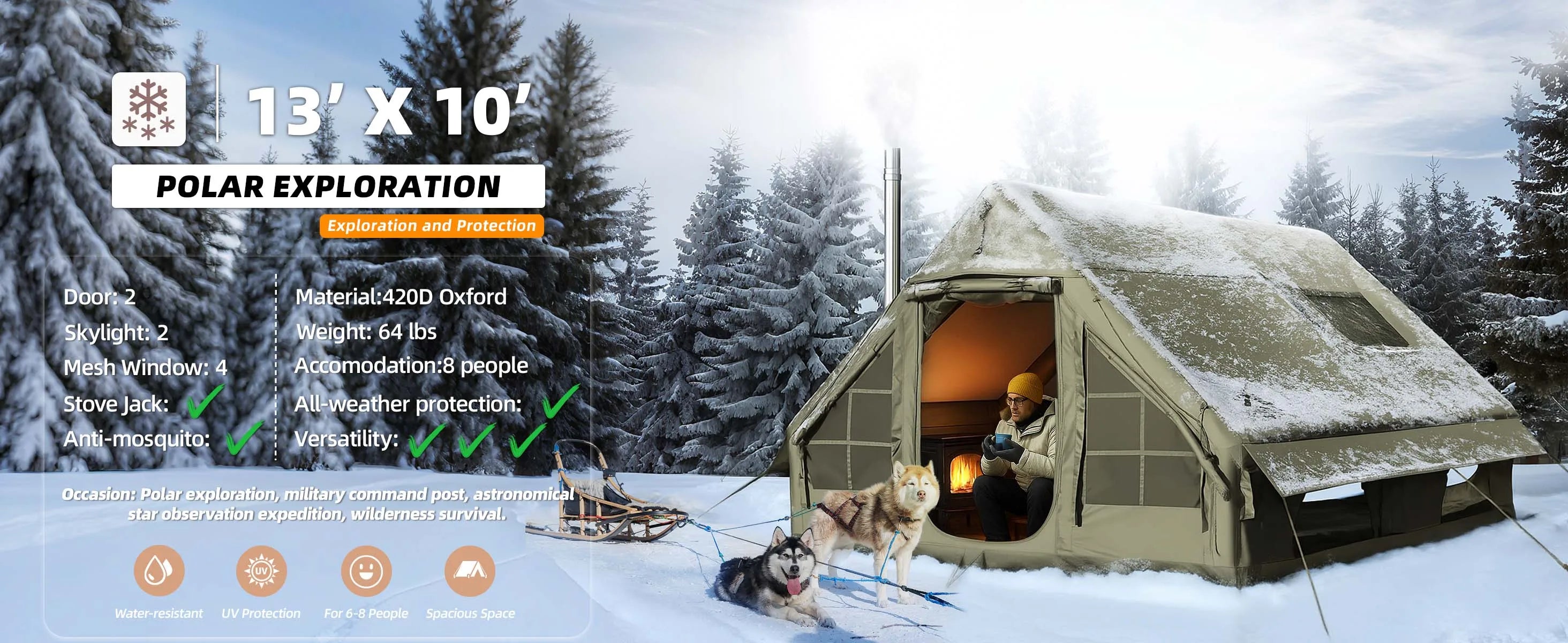 Large Inflatable Camping Tent with Chimney Stack | 129 sq ft | Waterproof & Windproof