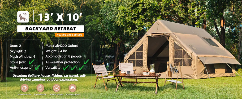 Large Inflatable Camping Tent with Chimney Stack | 129 sq ft | Waterproof & Windproof