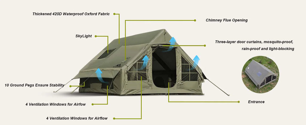 Large Inflatable Camping Tent with Chimney Stack | 129 sq ft | Waterproof & Windproof