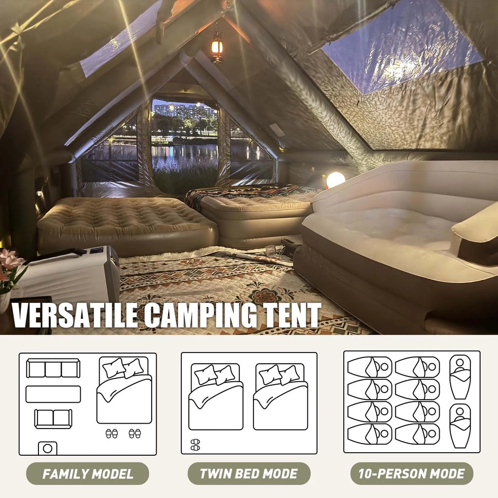 Large Inflatable Camping Tent with Chimney Stack | 129 sq ft | Waterproof & Windproof