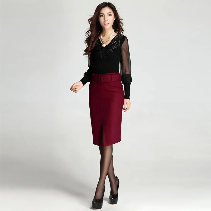 High Waist Wool Pencil Skirt
