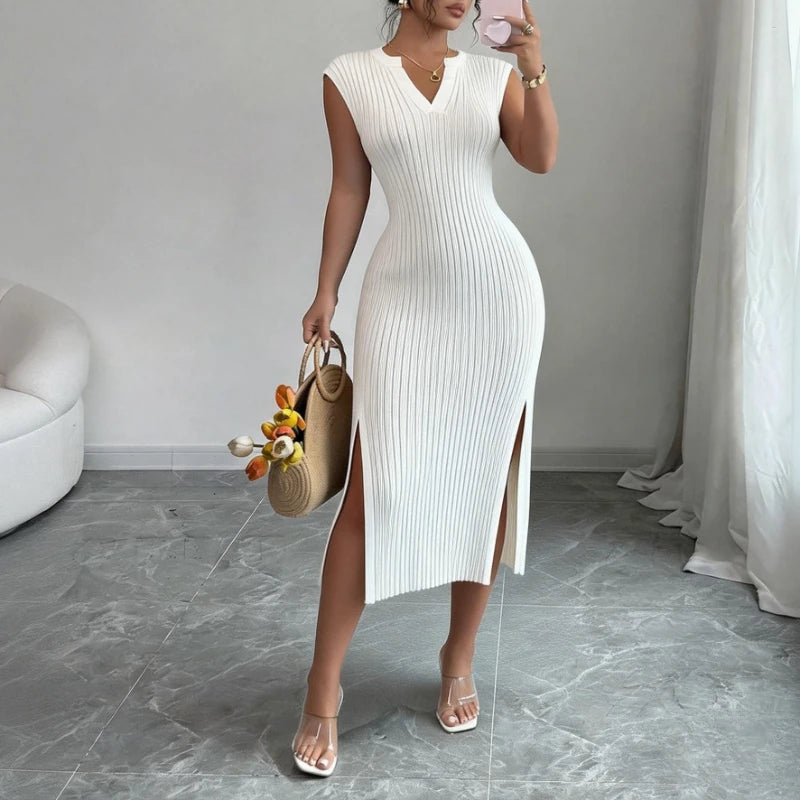 Knit Bodycon Maxi Dress | V-Neck Side Slit