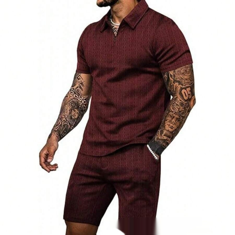 StripeZip — Men's Slim Fit Mesh Short Sleeve & Shorts Set