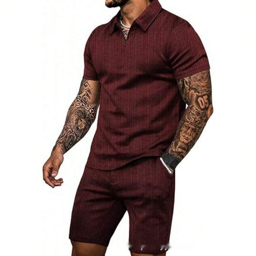 StripeZip — Men's Slim Fit Mesh Short Sleeve & Shorts Set