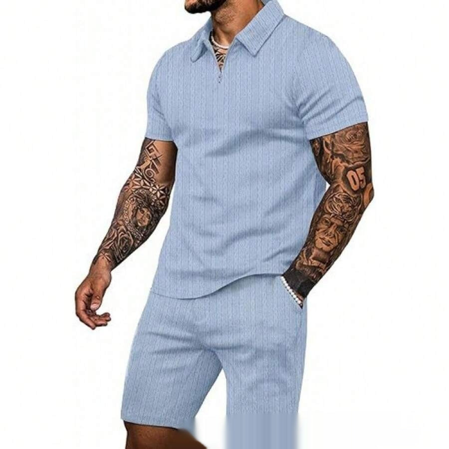 StripeZip — Men's Slim Fit Mesh Short Sleeve & Shorts Set