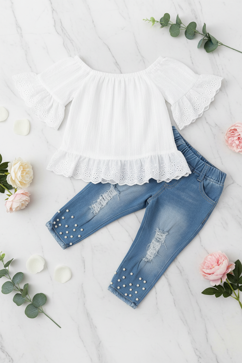 Girls' Lace Off-Shoulder & Pearl Jeans Set — Hero Image
