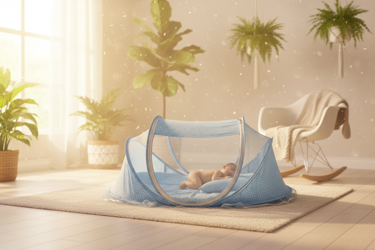 Foldable baby mosquito net bed set with mattress and pillow in a premium nursery setting