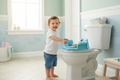 Baby potty seat with armrests in a clean pastel bathroom setting