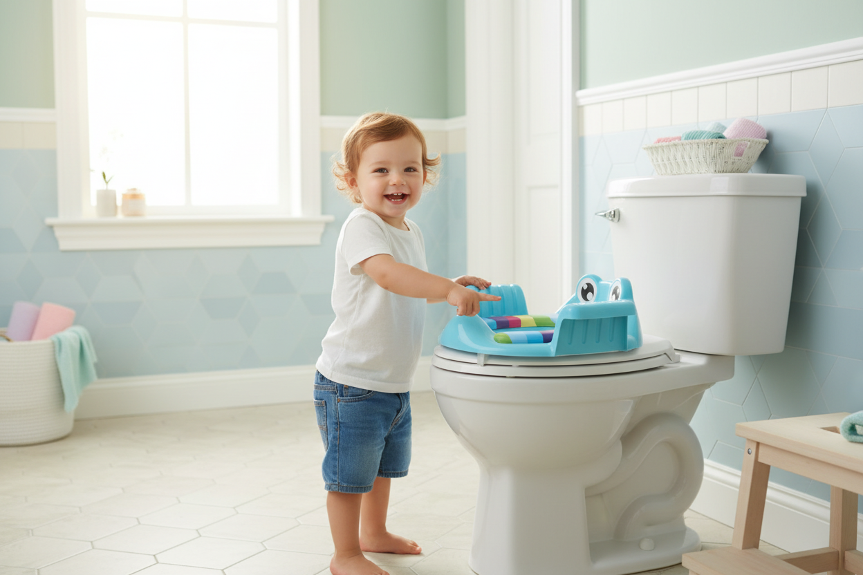 Baby potty seat with armrests in a clean pastel bathroom setting