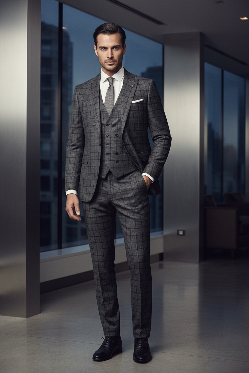 Male model wearing a checkered three-piece suit