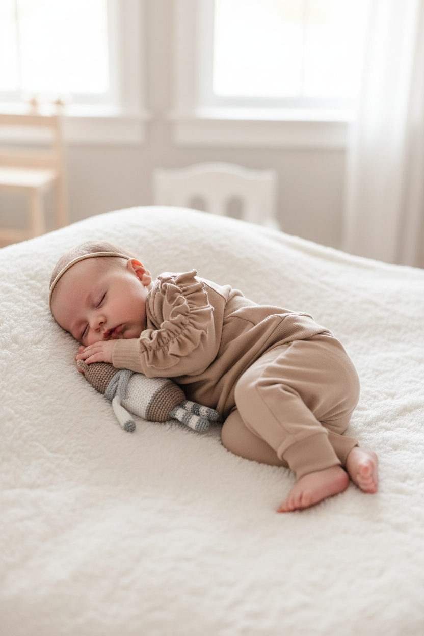 Newborn baby wearing ruffled sweatshirt top and matching pants set
