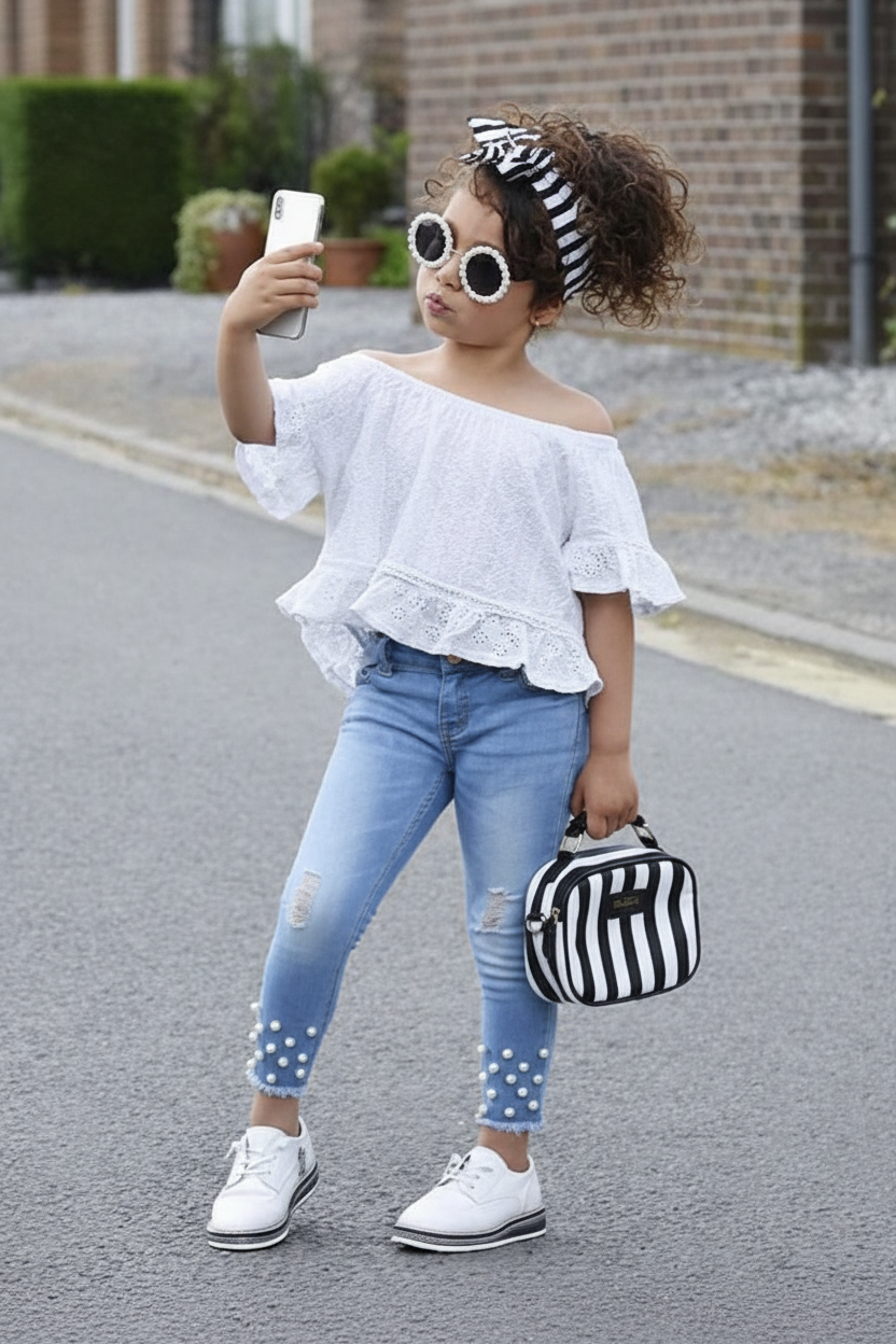 Lovicart Girls' Lace Top & Pearl Jeans Set — Hero Image